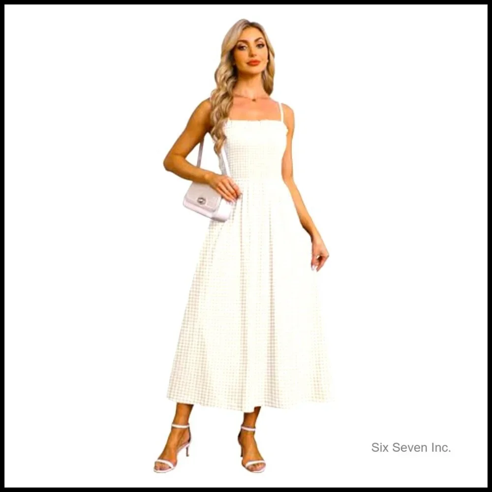Spaghetti Strap Maxi Dress Smocked Boho Beach Casual Summer Flowy Sundress - Picture 3 of 7